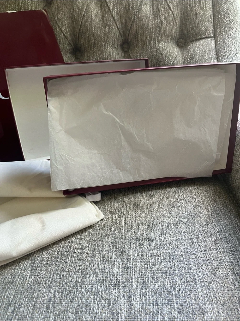 Gucci burgundy gift box, ribbon, bag and linen shoe cover set .